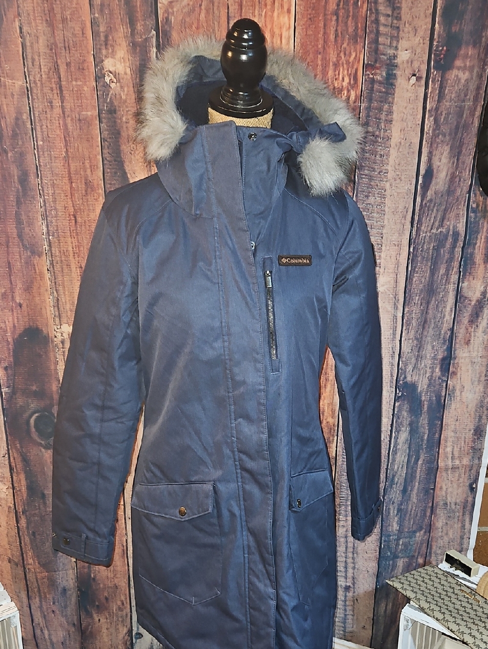 Columbia Women's Dark Blue Hooded Parka with Faux Fur Trim